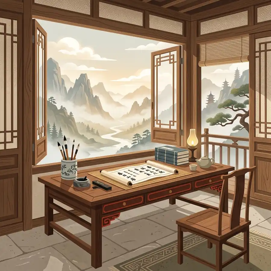 Ancient Chinese scholar desk near open window overlooking misty mountain valley